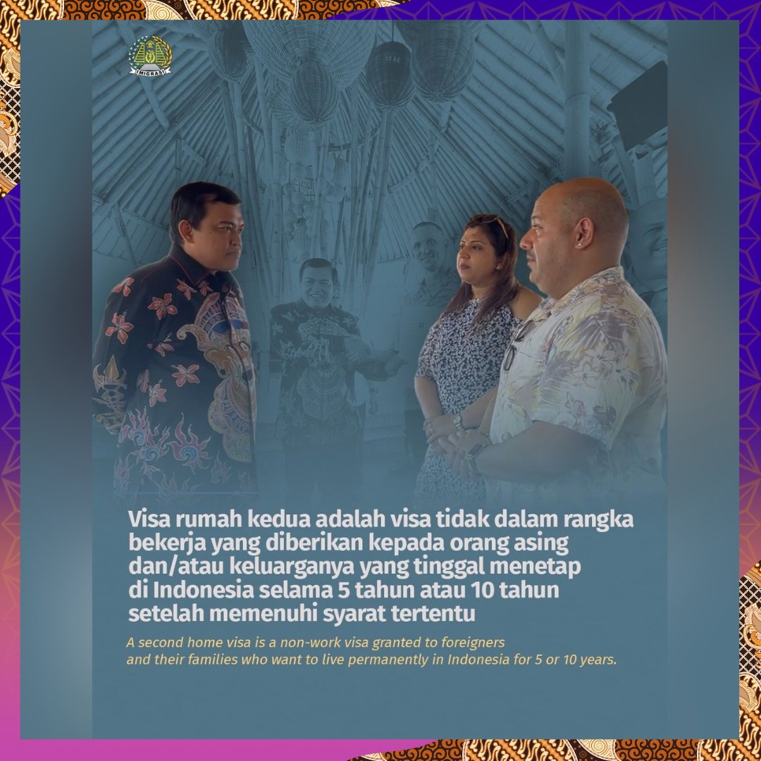 IndonesiaInSyd's tweet photo. The Directorate General of Immigration at the Indonesian Ministry of Law and Human Rights has just launched a second home visa policy. What is a second home visa? Check out the brief explanation as follows.
.
#imigrationindonesia #secondhomevisa #visarumahkedua #visaindonesia https://t.co/FbnRUIreC6