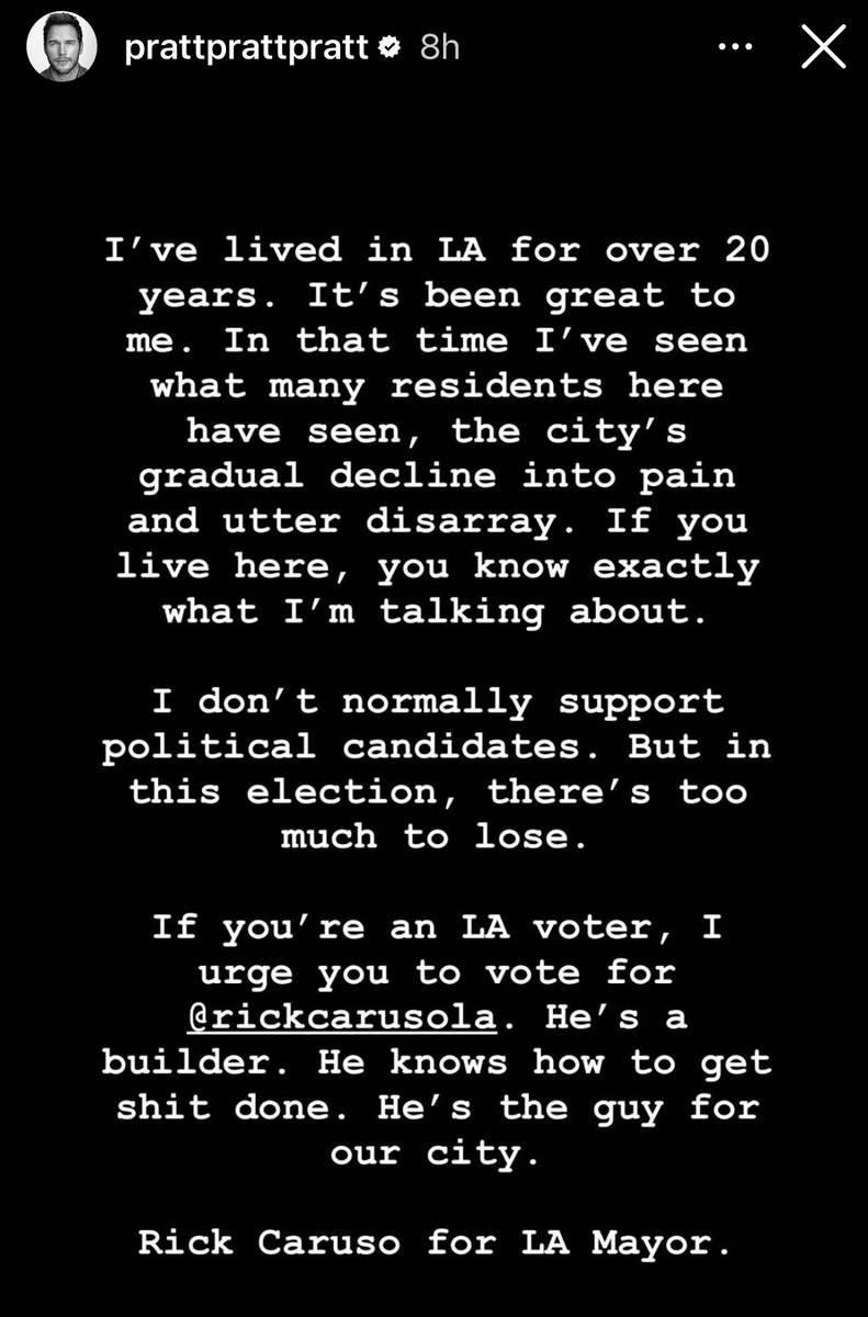 theblaze's tweet photo. Chris Pratt endorses Rick Caruso for LA Mayor. https://t.co/kC6OkUq4Rh
