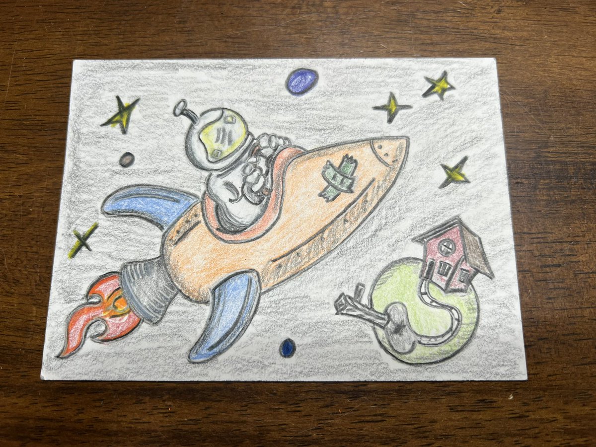 EanMeyer's tweet photo. We did so much @OrlMakerFaire this weekend. This was a neat thing folks may have missed. You could color blank cards and @blueorigin is going to send them into space then mail them back to you with a stamp saying “Flew in Space”. We colored ours at home and took them back. https://t.co/DkRd2bRBeA