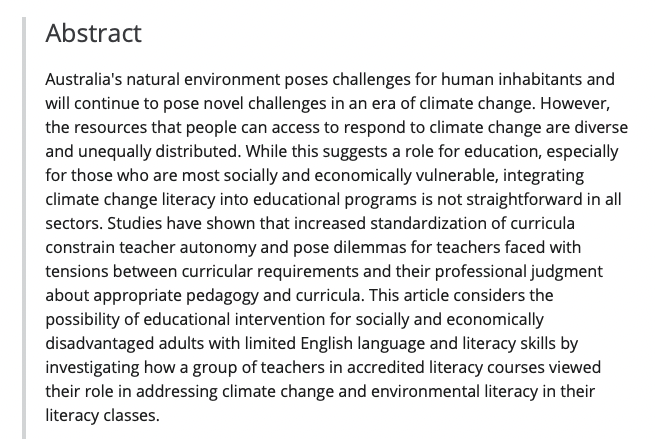 Great new article from Keiko Yasukawa in the Journal of Adolescent and Adult Literacy entitled Teaching about climate change: Possibilities and challenges in Australian adult literacy programs. Open access here: ila.onlinelibrary.wiley.com/doi/10.1002/ja…