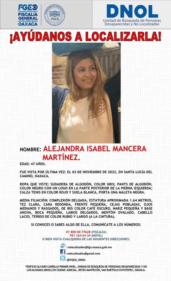 Solicitamos de tu apoyo en difusión para dar pronta localización a Alejandra Isabel Mancera Martínez, comunícate a los teléfonos de COBUPEM 800 216 0361, 800 509 0927.