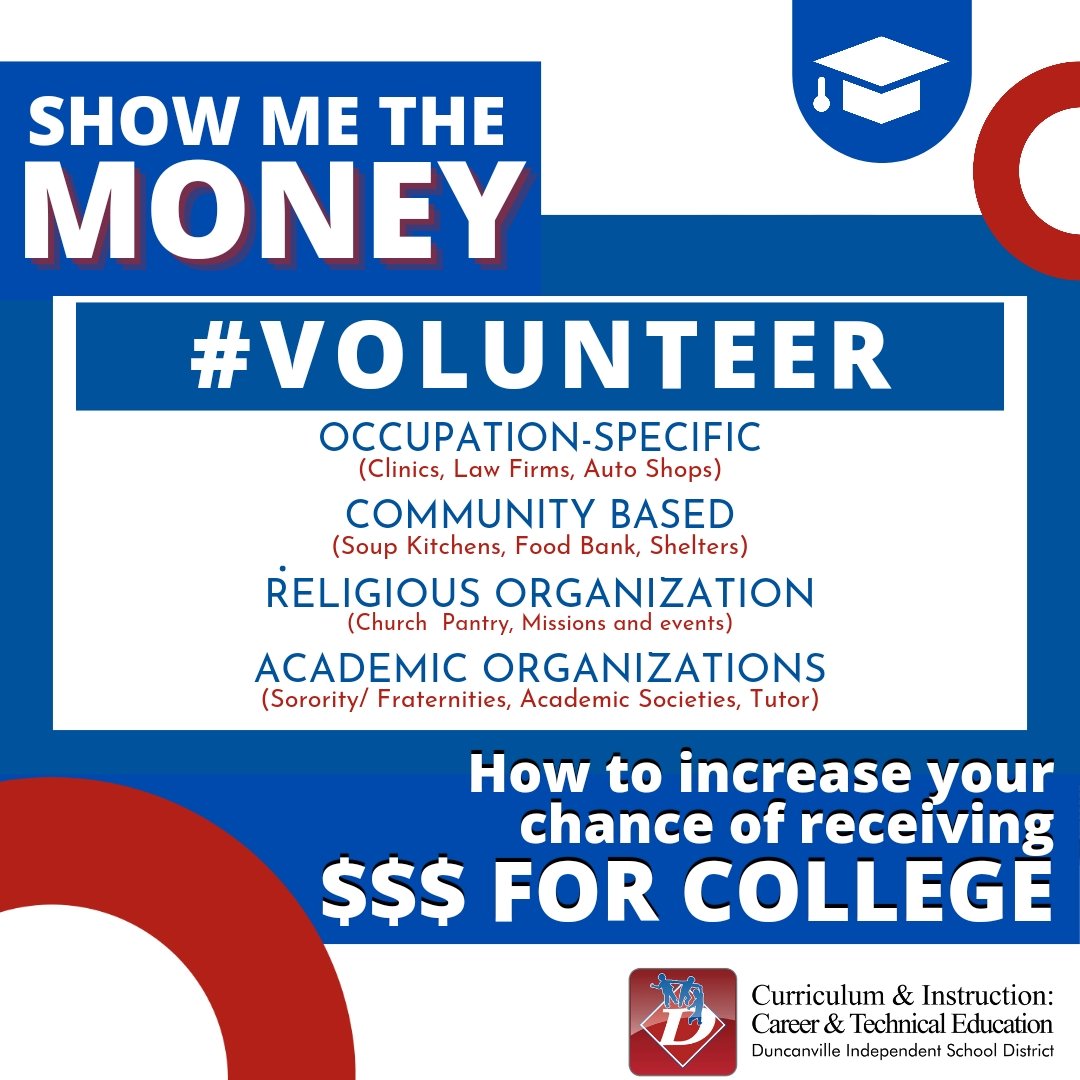 DvilleCTE's tweet photo. 📣📣📣 VOLUNTEER 📣📣📣
Seniors, your volunteer work could help you win scholarships, increase your chances of being accepted to your dream school, and most importantly, make a positive impact on your community!
#ShowMeTheMoney #DvilleCTE #DvilleCCMR #Classof2023 #CollegeTips https://t.co/TyluXxbiJq