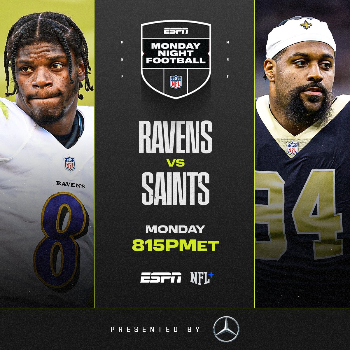 NFL on X: 'Ravens. Saints. Who ya got on MNF? (by @MercedesBenz