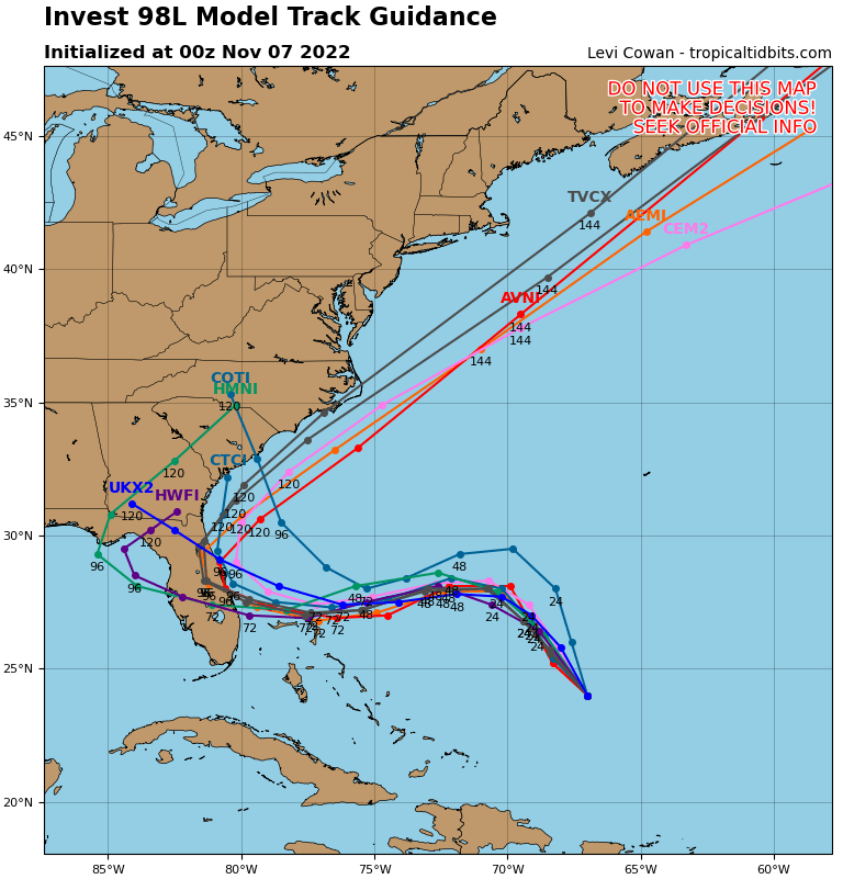 00z spaghetti models on tropicaltidbits.com. Larger wider system brings more effects north of center. Full moon Tue/Wed FL east coast big beach erosion coming &amp; water into St. Johns first. Strong Tropical Storm to even 970mb/980mb Hurricane showing. spaghettimodels.com