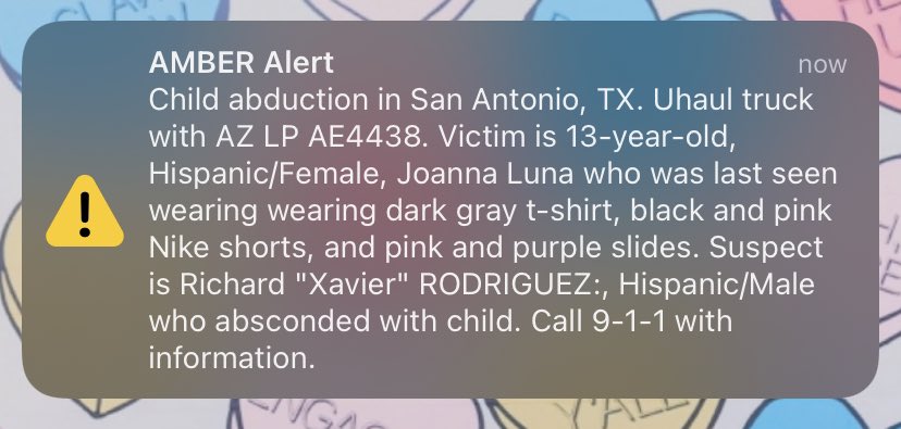 JordanElderTV's tweet photo. AMBER Alert in #SanAntonio

13 y/o Joanna Luna - dark gray shirt, black and pink shorts, pink and purple slides. Looking for a UHaul truck with Arizona plates. https://t.co/SMaZVW6OCb