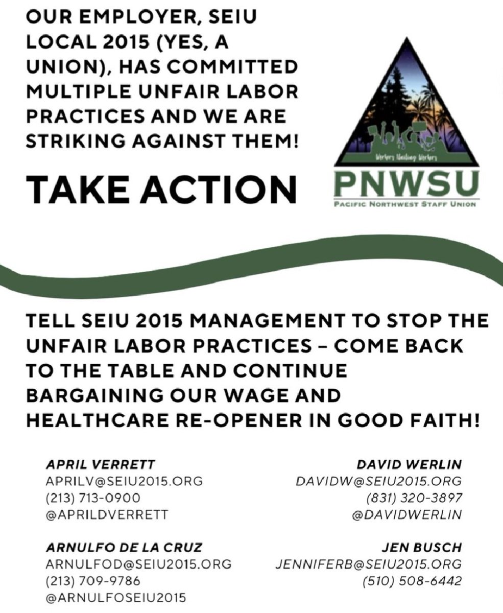 PNWSU Strike week 2. Come down to our LA or Sacramento locations and show support. Bring drums, horns and prepare to be loud. Can't join the picket line? Call/email @SEIU2015 management. 1/2