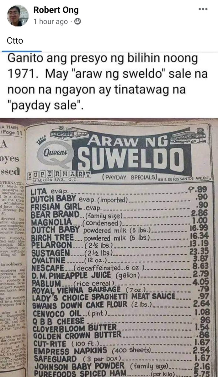 TRIVIA: How much did Filipino consumers pay for 6 oz. (170g) of Nescafe decaf 51 years ago?

Here's the "Araw ng Sweldo" ad by a Manila supermarket ("Queens"), circa 1971.

(Screengrabbed from Robert Ong's FB post, Nov. 7, 2022)