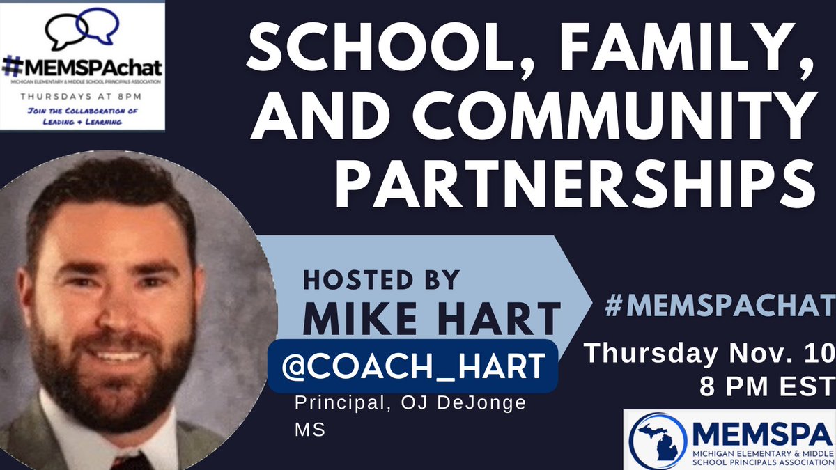 Join @coach_hart for #MemspaChat
Thurs 8pm EST 
School, Family & Community Partnerships

#caedchat #michEd
#Games4Ed #KidsDeserveIt
#EdChat #wischat
#mnlead #PeopleSkillsChat
#TeachMindful #TeachPos
#2ndChat #RGVEduChat
#JoyWorkEdu #BCEdChat
#GoalChat #OrEdChat
#iaedchat