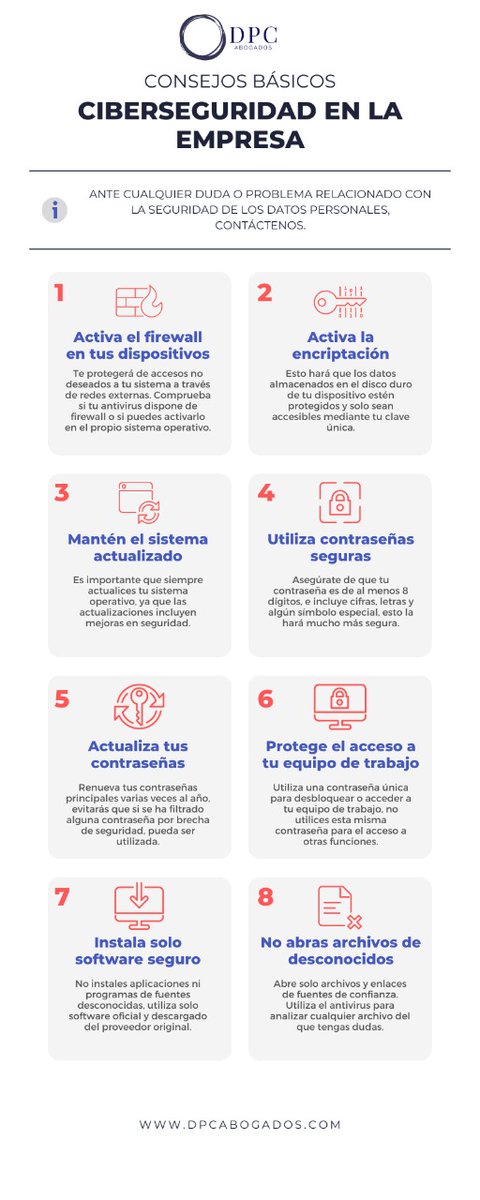 8 consejos básicos de ciberseguridad para empresas. Nosotros te ayudamos a implementarlos. Escríbenos #privacy #privacidad #felizdomingo #MiPyMEs #emprendedores #empresarios #lideres #innovadores