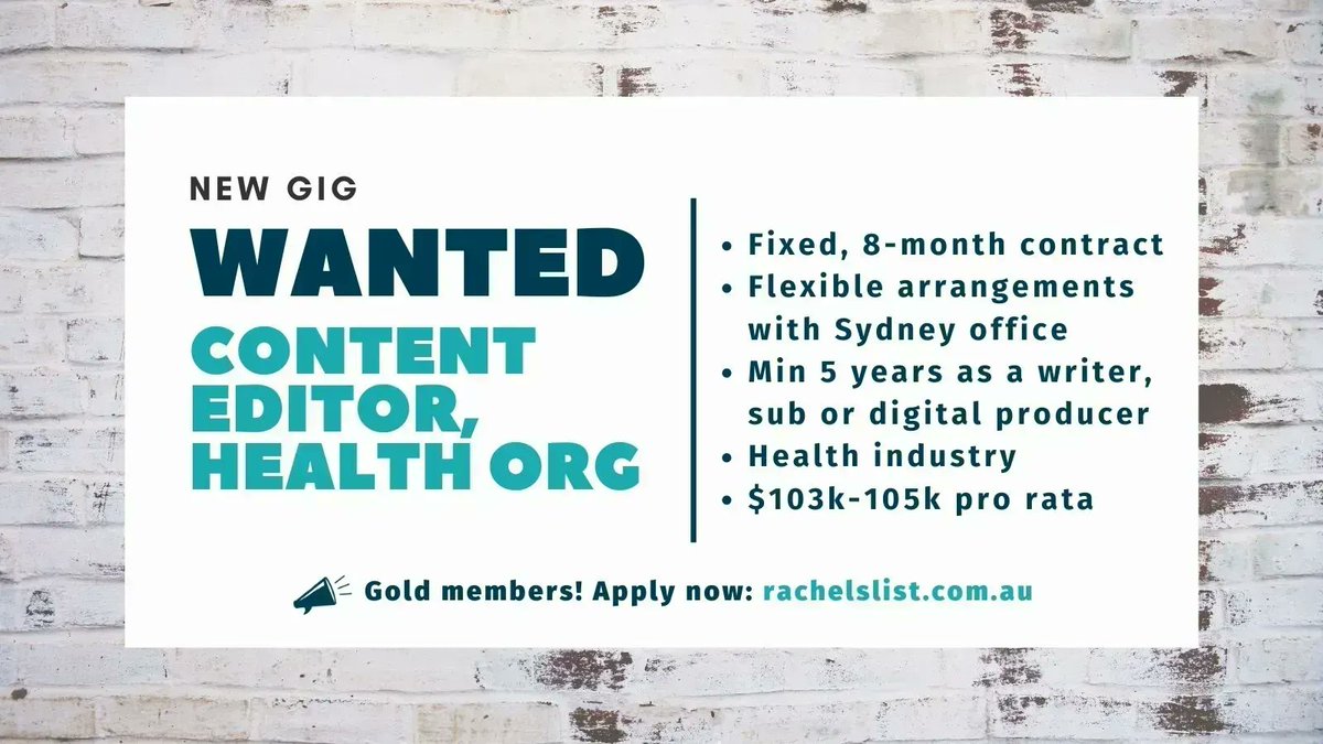 RachelsList's tweet image. RE-POST: Content editor for 8-month contract at leading health organisation (SYD, ON + OFF-SITE). Gold members, find the full job spec on our site or grab a Gold 🔑 to unlock the site for the next 24 hours &amp;gt;&amp;gt; buff.ly/3TjoRy5 #contentjob #healthwriting