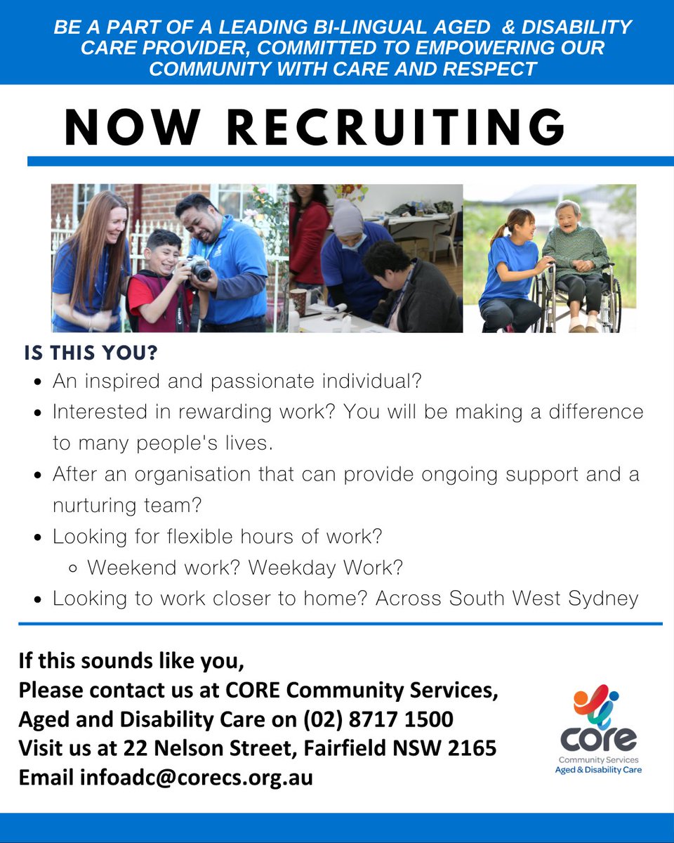 📣 We’re #Hiring !
Are you:
✔️Passionate to work a for a great cause
✔️Wanting to join an inclusive and diverse team working towards achieving our vision 

Visit corecs.org.au/work-with-us to view the positions. 
Send your resume and selection criteria to recruitment@corecs.org.au