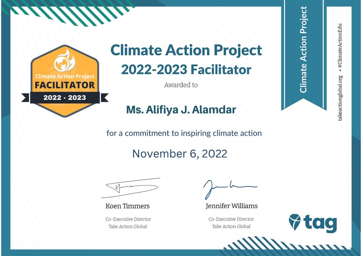 Happy to share another achievement for the year2022🥰 #ClimateActionProject An amazing journey with <a href="/TakeActionEdu/">Take Action Global</a> <a href="/koentimmers/">Koen Timmers #climateactionedu</a> <a href="/JenWilliamsEdu/">Dr. Jennifer Williams 🔜 Climate Action Project</a> full of learning,exploring,innovation,creativity along with our young warriors❤️ #Facilitators #climateactionedu #ClimateAction #SDG13