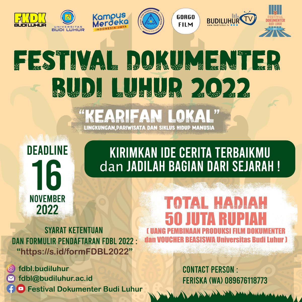 FDBL 2022 DIPERPANJANG SAMPAI 16 NOVEMBER!!📢

Mimin mau info bahwa  untuk teman-teman yang belum sempat mengirimkan Mimin tunggu di kesempatan kedua ini!

Jadi, Ayo segera baca ToR dan isi Formulir Proposal yang tertera pada link di bio kami dan langsung kirim.