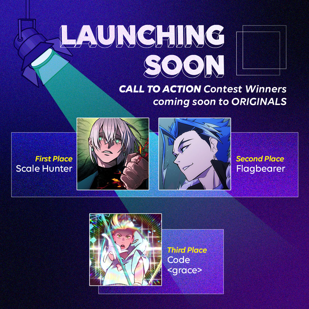 webtooncanvas's tweet photo. COMING SOON TO #WEBTOON! Congratulations to the #WEBTOONActionContest winners! ✨
@luciangallacane @bisabidesu | Scale Hunters
@cyartlee | Flagbearer
@Midoryka1 & @coconut_comics | Code <grace> https://t.co/9izYhxYWxK