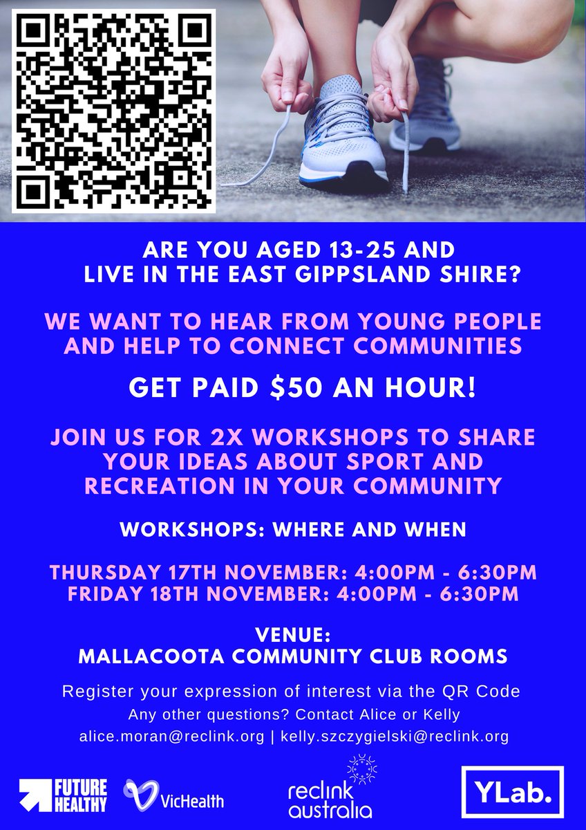 ReclinkAus's tweet photo. GET PAID $50 PER HOUR
Are you aged 16-25 & live in the East Gippsland region?
Reclink Australia in conjunction with @VicHealth & YLab Global want to hear from young people & help connect communities!
Scan the QR code in the Flyer below to register your interest!
#FutureActive https://t.co/SRiEBBXaHg