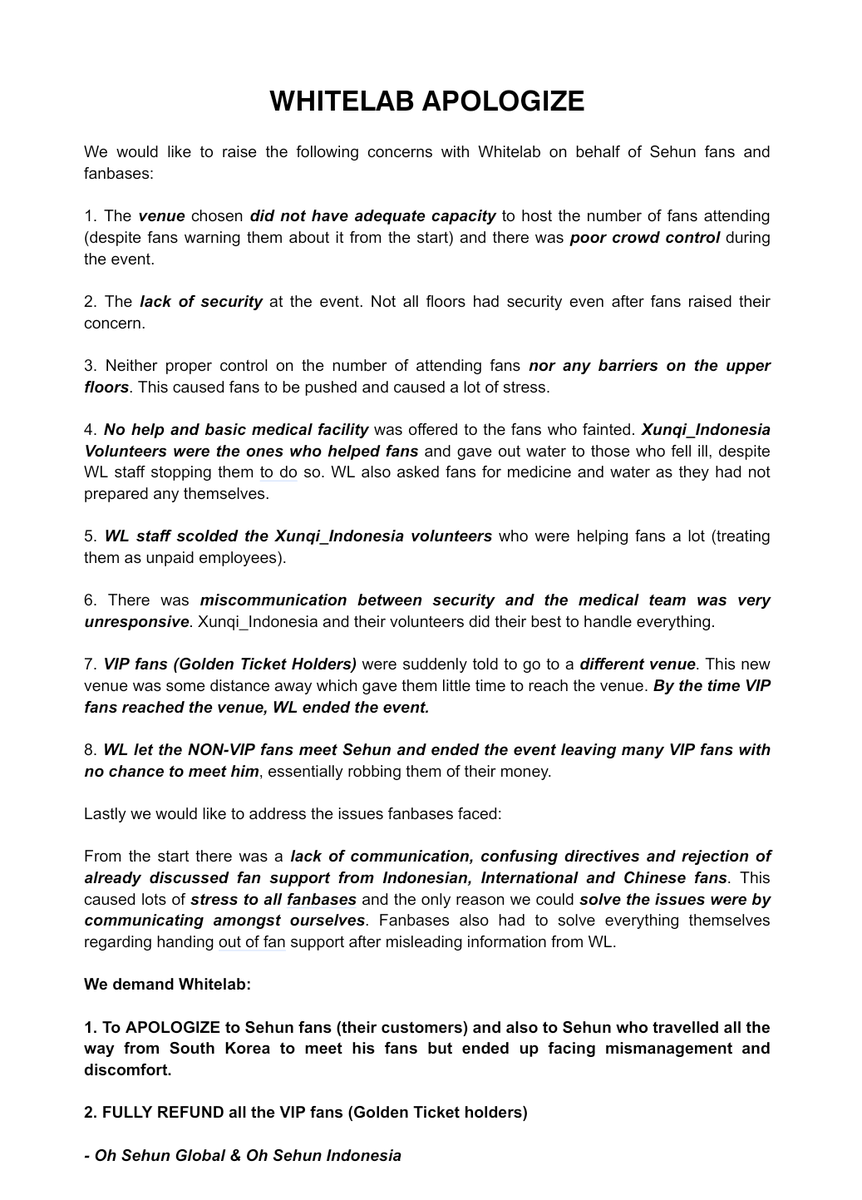 Exodians1's tweet photo. We demand @whitelab_id: 

1. To APOLOGIZE to Sehun fans (their customers) and also to Sehun who travelled all the way from South Korea to meet his fans but ended up facing mismanagement and discomfort.

2. FULLY REFUND all the VIP fans (Golden Ticket holders)

#WhitelabApologize https://t.co/uM95q1fMxU