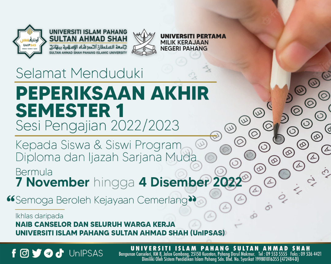 UNIPSASofficial's tweet photo. Selamat Menduduki Peperiksaan Akhir Semester 1 Sesi Pengajian 2022/2023 kepada siswa siswi Program Diploma dan Ijazah Sarjana Muda.
7 Nov - 4 Dis 2022.
"Semoga beroleh kejayaan cemerlang".
Ikhlas daripada Naib Canselor dan seluruh warga UnIPSAS.
#finalexam #unipsas https://t.co/JPqKxUd1Kw