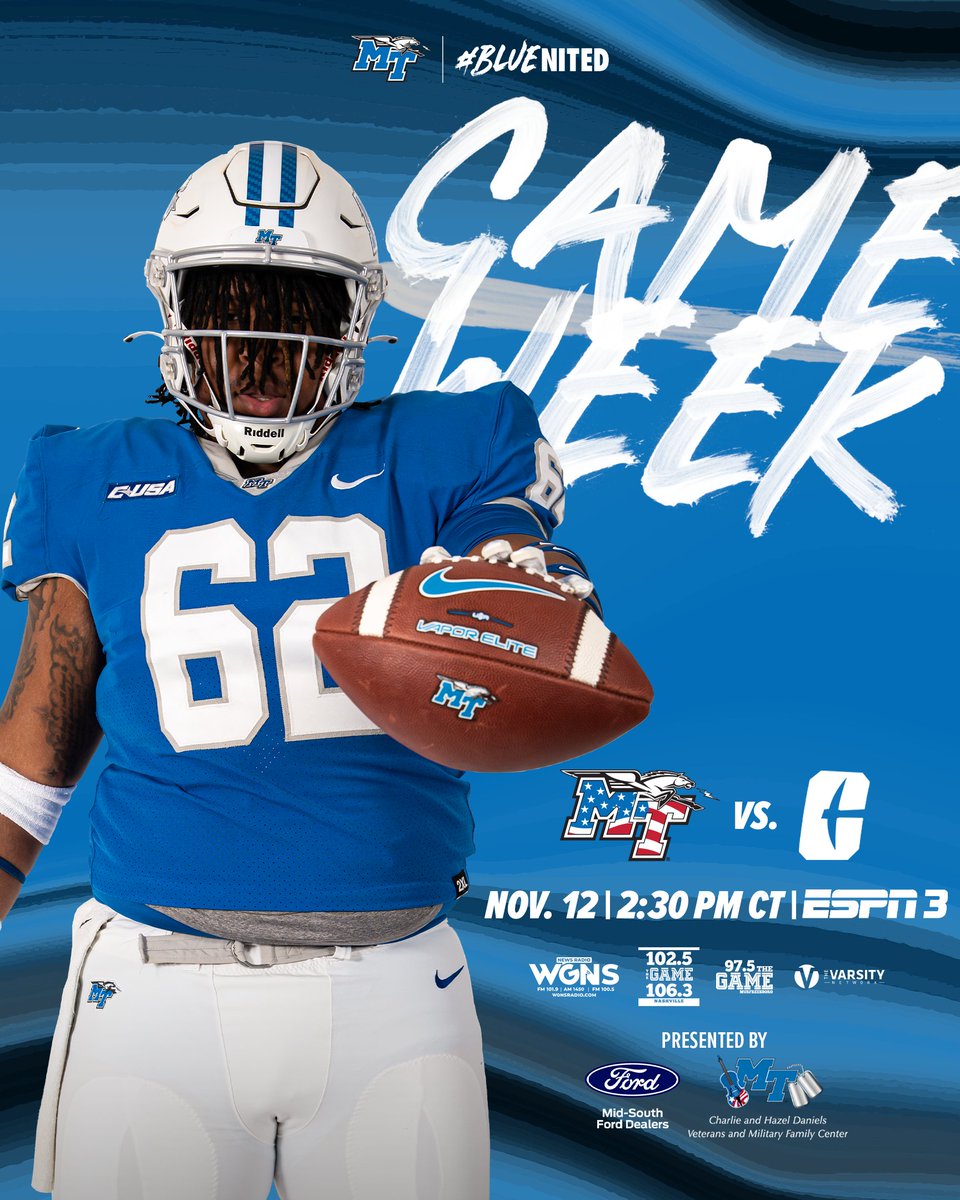 Middle Tennessee Football (@mt_fb) on Twitter photo Back at home this week for the 40th annual Salute to Veterans and Armed Forces game!
๐ vs. Charlotte
๐ Saturday at 2:30 PM CT
๐บ ESPN3
๐บ๐ธ Game presented by <a href="/MidSouthFord/">Mid-South Ford</a> and <a href="/MTVetCenter/">MTSU Daniels Center</a>
#BLUEnited | #EATT Back at home this week for the 40th annual Salute to Veterans and Armed Forces game!
๐ vs. Charlotte
๐ Saturday at 2:30 PM CT
๐บ ESPN3
๐บ๐ธ Game presented by <a href="/MidSouthFord/">Mid-South Ford</a> and <a href="/MTVetCenter/">MTSU Daniels Center</a>
#BLUEnited | #EATT