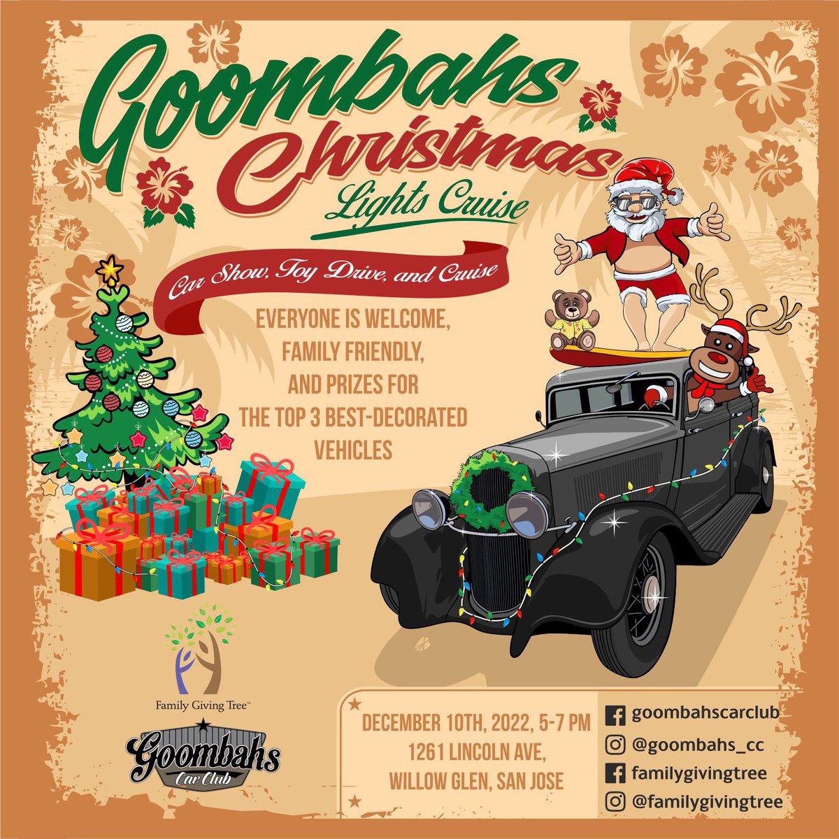 Save the date!!Please join us #goombahscc for our Annual Christmas car show &amp; Toy drive Dec 10th and cruise around #willowglen neighborhood to see the #christmaslights #goombahs_cc #givingtree #toysfortots2022 #christmas #goombahscccruiseforacause #willowglenlights #carclubs