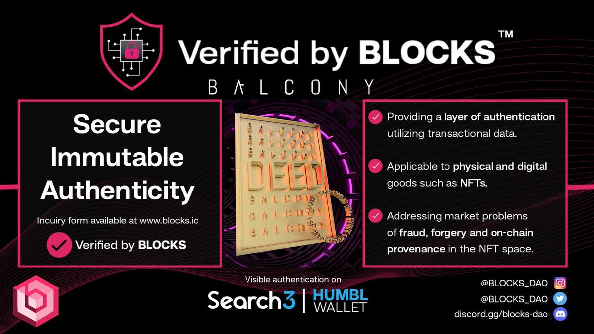 @TFGwhitelist @TFGmykL @cubexnft @BLOCKS_DAO can verify NFTs. We track its authenticity across chains, recorded on the #BLOCKS_Registry

 We have partnered with: @usairforce @BalconyDao @ZironiVioletta @OfficialMandox  @Delta_Flare  to name a few💫

We verify tokenized #phygital assets. #BLOCKS #web3 🔥