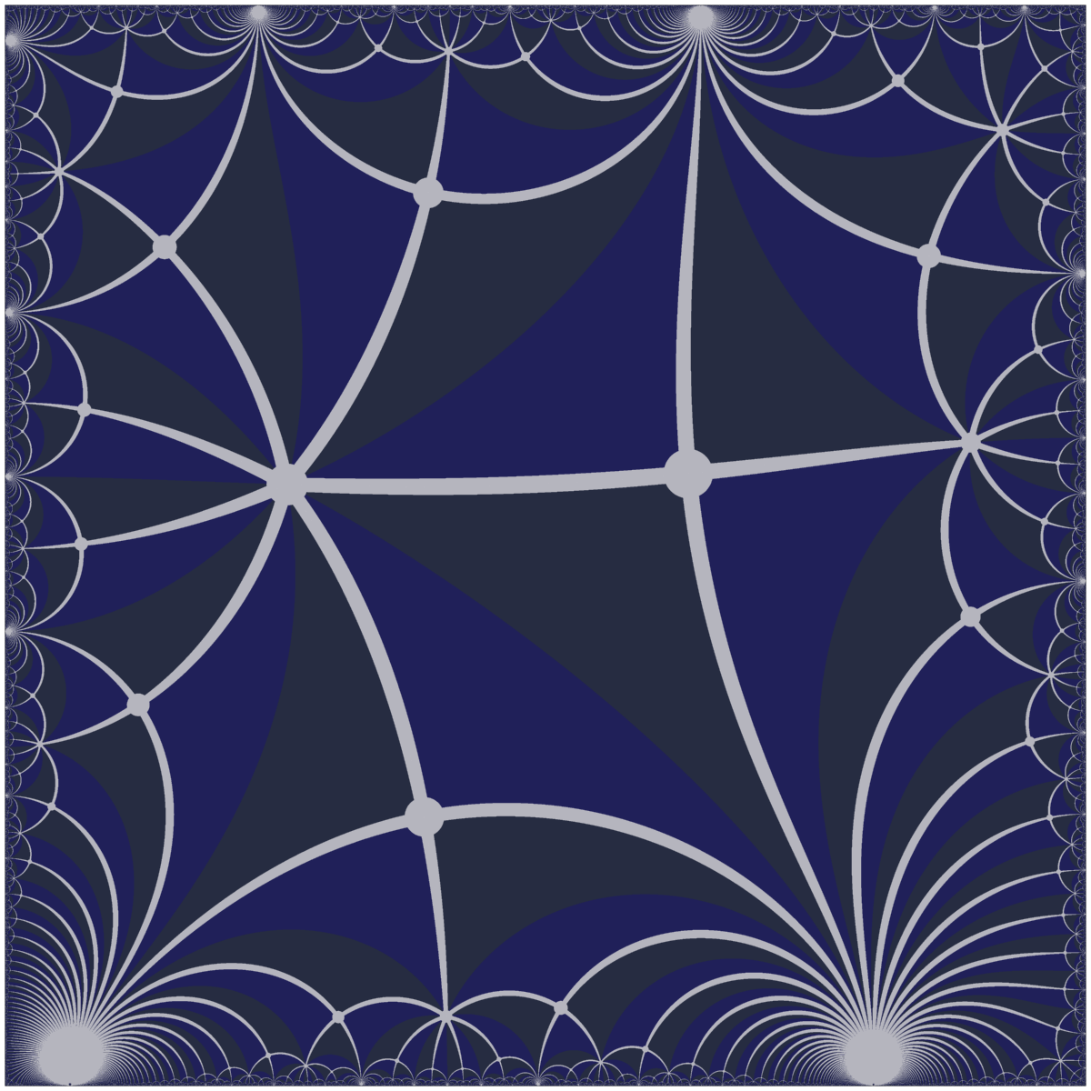 TilingBot's tweet image. #Hyperbolic #tiling shown in the conformal square projection. Catalan tiling dual to cantellated {7,∞}.
