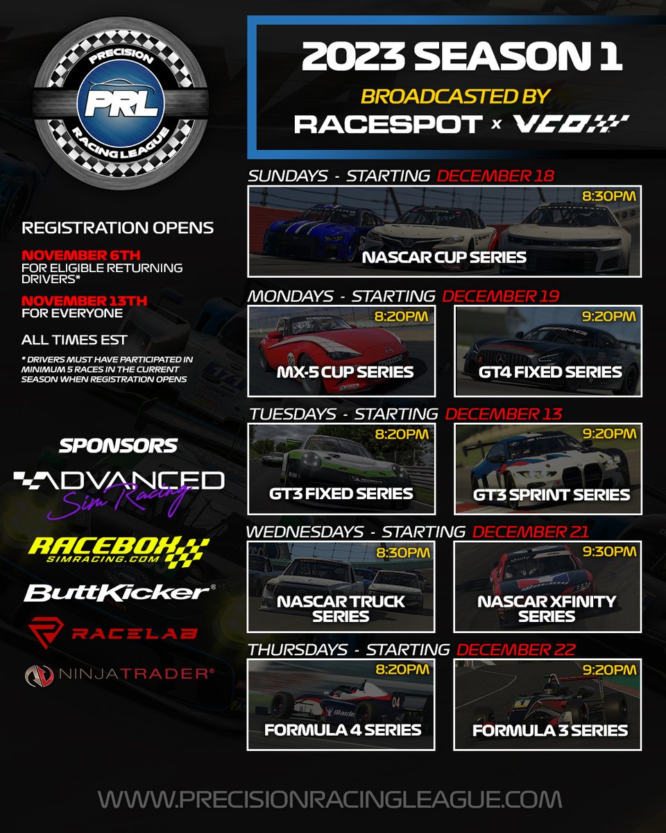 PrecisionRL's tweet image. 2023/S1 Signups are now open for returning drivers only!

We will open the signups for all drivers next week on Sunday November 13th! Stay tuned!

Oh! And welcome NASCAR XFINITY Series ;)