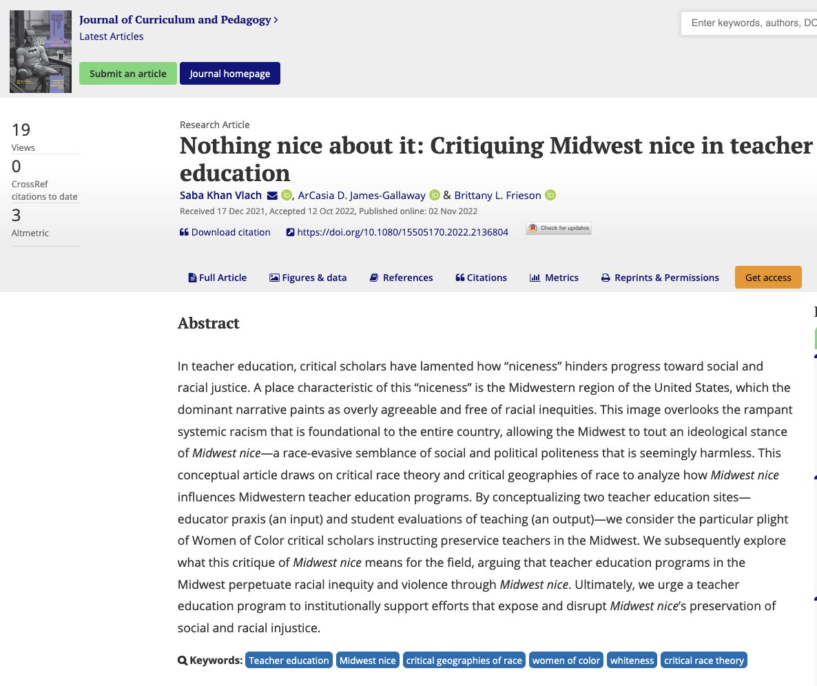NEW RESEARCH: Congrats (again!) to <a href="/brittlfrieson/">Brittany Frieson Davis, Ph.D.</a> on her new publication, "Nothing nice about it: Critiquing Midwest nice in teacher education" in the Journal of Curriculum &amp; Pedagogy: tandfonline.com/doi/abs/10.108… #UNTedu #UNTproud