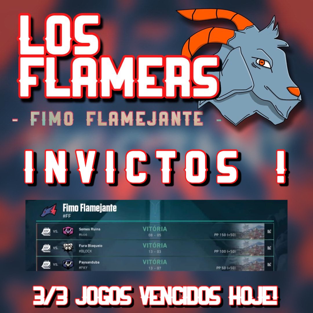 goflamers's tweet photo. INVICTOS! 3/3 JOGOS VENCIDOS HOJE! Parabéns ao time de hoje pelas 3 vitórias no primeiro final de semana.

Amanhã tem mais! #GOFLAME #GOFIMO 🐐 https://t.co/ad0l1ipnJQ