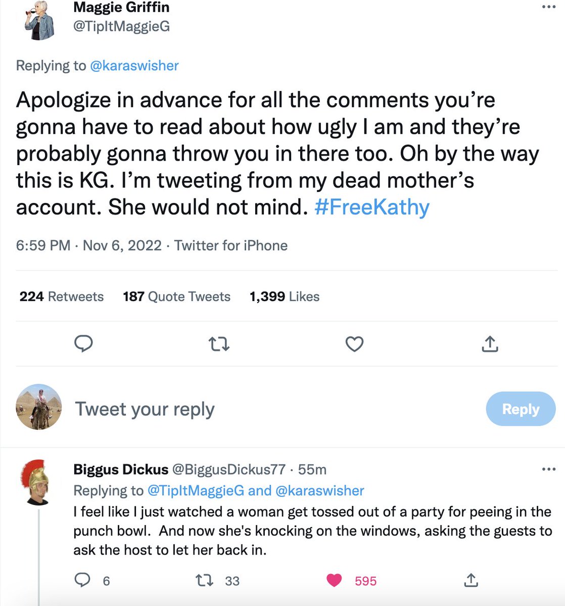 I knew Elon's twitter would be wild but I never expected Kathy Griffin to get banned and then log into her dead mothers account to protest her ban