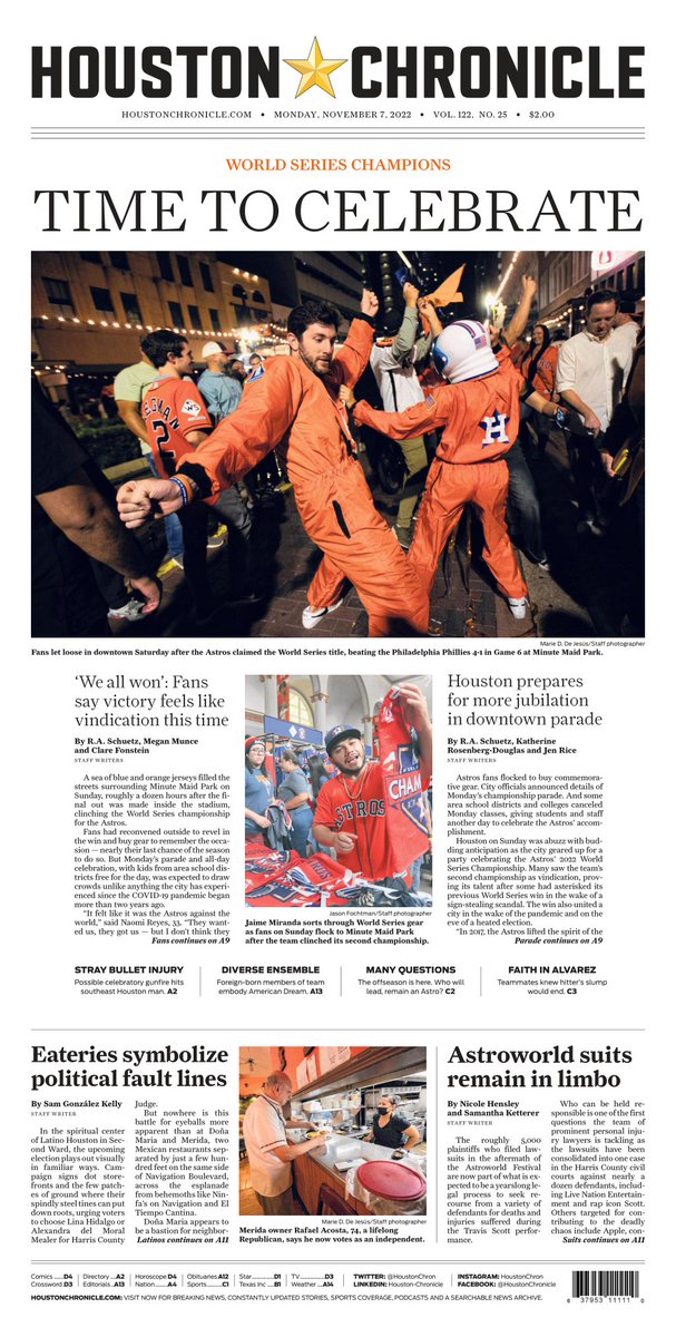 TIME TO CELEBRATE
Houston prepares for more jubilation in downtown parade #WorldSeries
Monday's <a href="/HoustonChron/">Houston Chronicle</a>