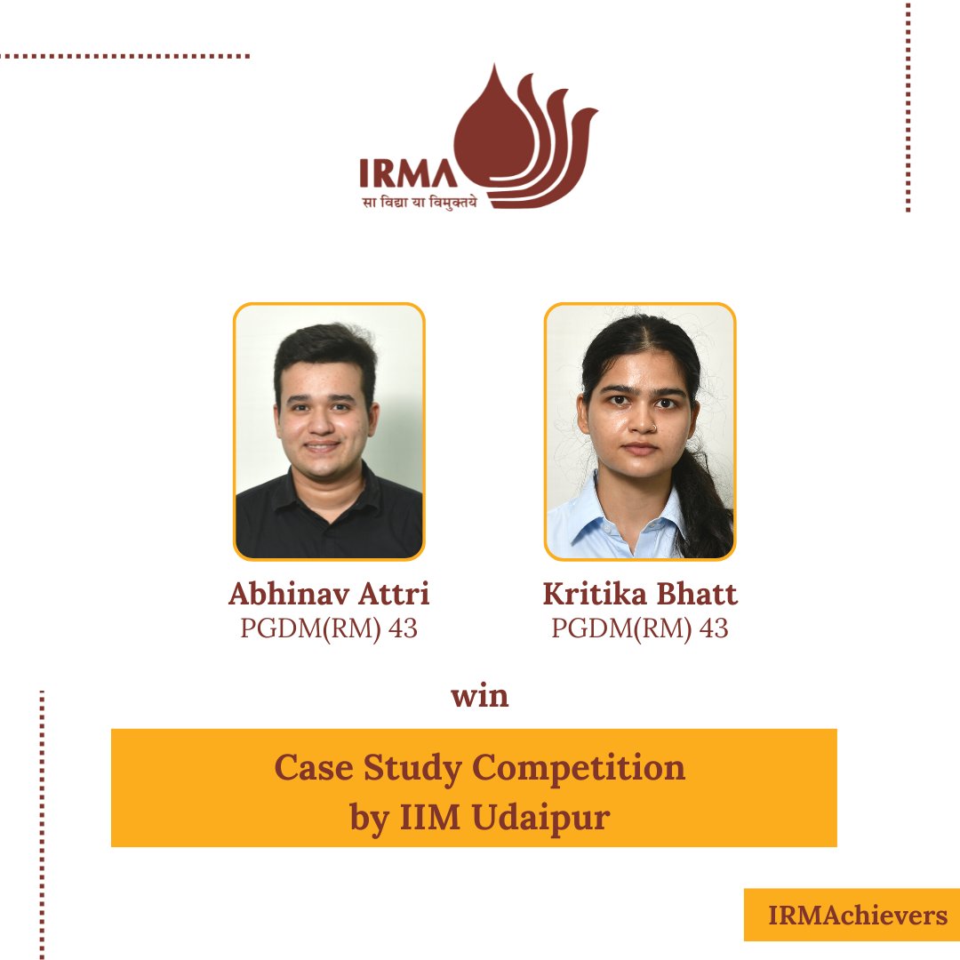 IRMAOfficial79's tweet photo. Abhinav Attri and Kritika Bhatt from the 43rd batch (2022-2024) of IRMA’s PGDM(RM) have been declared winners of the MarcWars case study competition, in the fest “Solaris 2022”, by @IIM_Udaipur.
https://t.co/ApNR0V2Rmp
#IRMA #IRMAchievers #casestudychallenge #achievement https://t.co/7u8RfXMegR