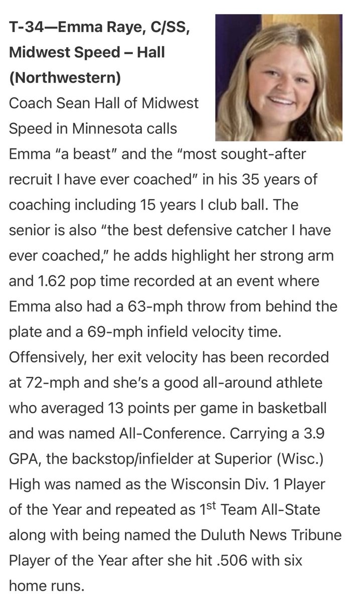 So thankful to be ranked the 34th player in the country for 2023s! I’d like to say thank you to <a href="/ExtraInningSB/">EXTRA INNING SOFTBALL</a> ,<a href="/BrenttEads/">Brentt Eads</a> and <a href="/Los_Stuff/">Carlos Arias</a> for the write up and all you do for the sport. <a href="/NUSBcats/">Northwestern Softball</a> <a href="/katedrohan/">Kate Drohan</a> <a href="/MIDWESTSPEEDSC/">Sean Hall</a>