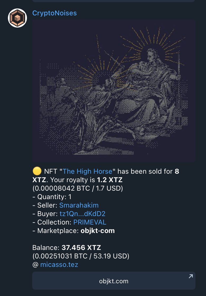 michaelmicasso's tweet photo. Morning Secondary Update!

“Black Night Fantasy” has been collected 2x by @ShiloniousMonk and @uriel_eva12 for 7 $XTZ &amp; 6 $XTZ 🙏

“The High Horse” has been collected by @OBC_Deez for 8 $XTZ 🙌

And my ATH secondary for “Second Flight”, collected by anon for 20 $XTZ! Thankyou! ♥️ https://t.co/D4fkM7OACV