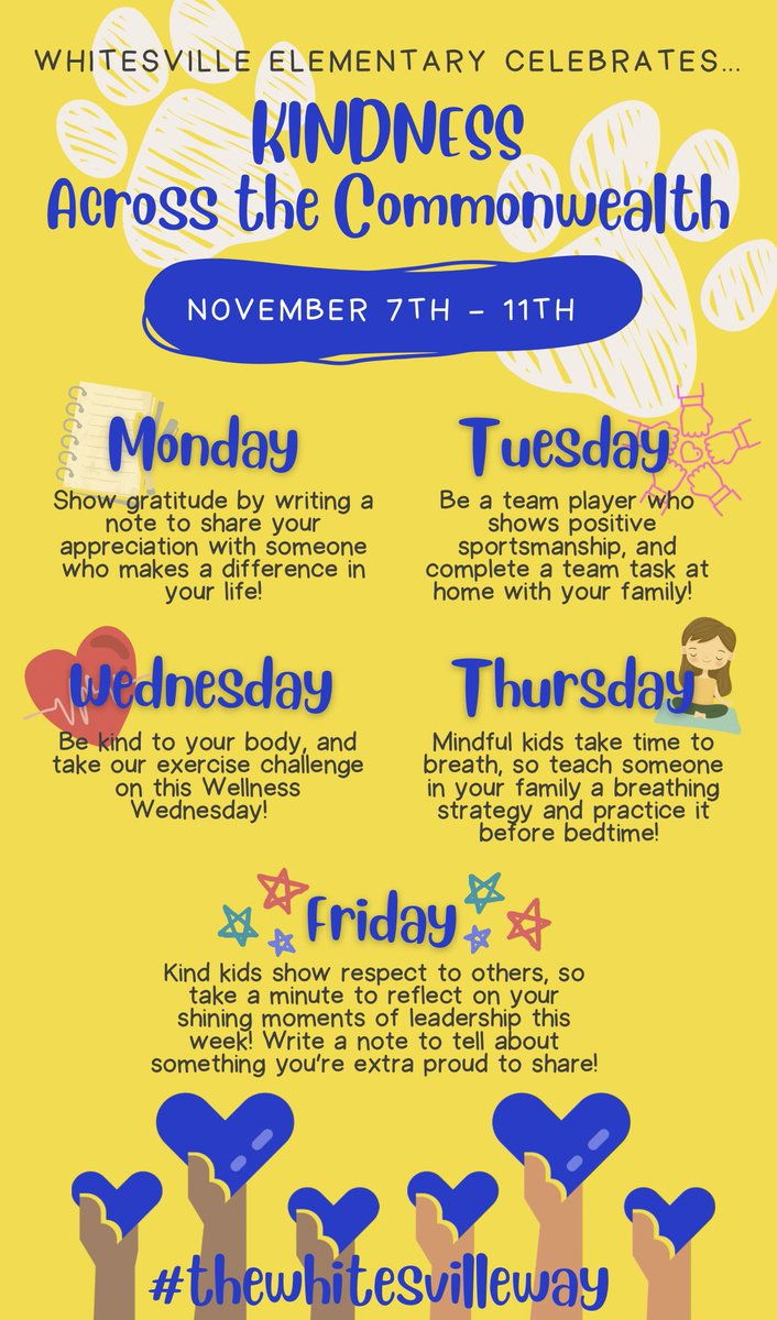 Our Student Lighthouse Team has some challenges for the week ahead! Did you know it’s, Kindness Across the Commonwealth?!? Be intentional, and go spread some kindness this week! #thewhitesvilleway #KindnessAcrosstheCommonwealth