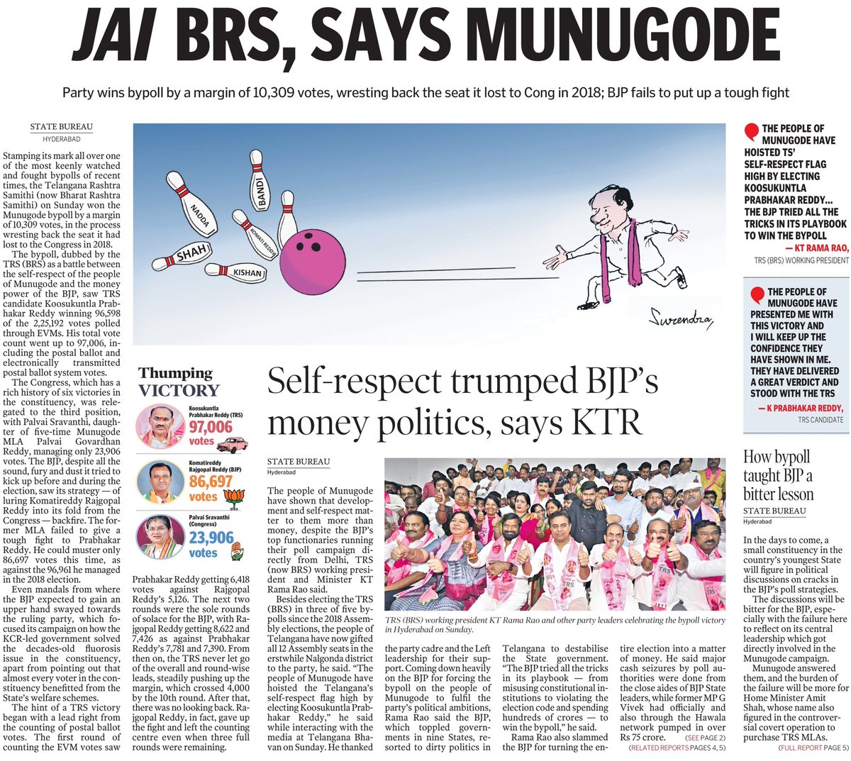 TSwithKCR's tweet image. Telangana’s Self-Respect Wins, TRS Trounces BJP in Munugode.

#MunugodeWithTRS