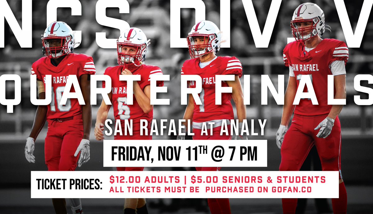 ❗️NCS Div. V 🏈 Championships❗️

San Rafael (5-5) will travel to Analy (5-5) for a first round <a href="/CIFNCS/">CIF-NCS</a> matchup

🆚 Analy Tigers
📅 Friday, November 11th
⏰ 7:00pm
📍 Analy
🎟️ gofan.co/app/events/774…

Go Dawgs!

<a href="/westcoastpreps_/">West Coast Preps</a> <a href="/marinij_sports/">Marin IJ Sports</a> <a href="/JustGusPD/">Gus Morris</a> <a href="/analysports/">Analy Athletics</a> <a href="/SanRafaelFB/">San Rafael Football</a>