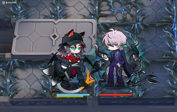 Arknights style chibi for my #oc in their demon form! (Demon Elliot &amp; Colton are NPC for friends' trpg, their complete design won't be announced till next year. Elliot is a giant sea serpent, and Colton is a fox demon) 