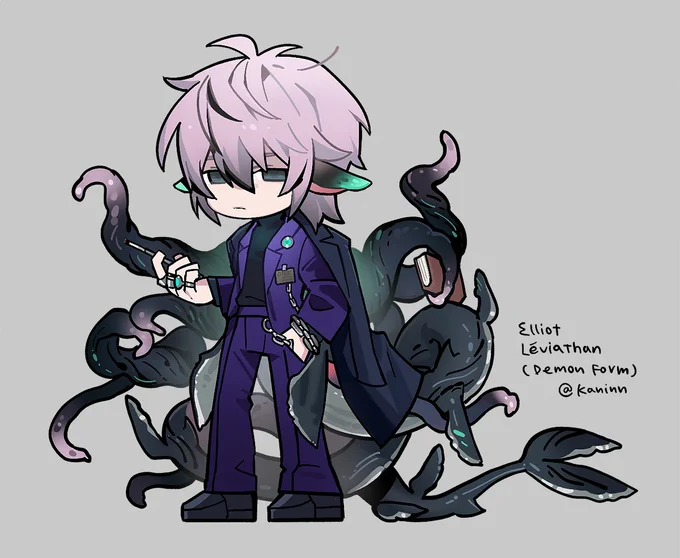 Arknights style chibi for my #oc in their demon form! (Demon Elliot &amp; Colton are NPC for friends' trpg, their complete design won't be announced till next year. Elliot is a giant sea serpent, and Colton is a fox demon) 