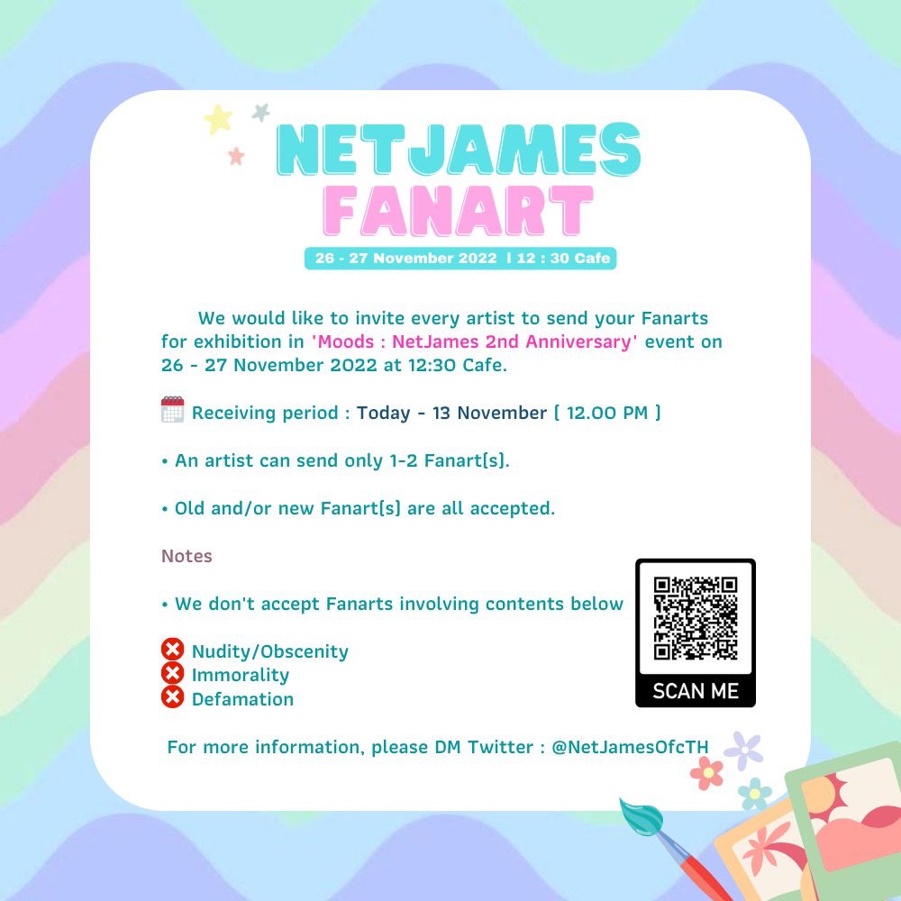 NetJamesOfcTH's tweet photo. 📢เปิ��รับ Fanart เพื่อจัดแสดงในงาน 'Moods : NetJames 2nd Anniversary' 

🗓️วันนี้ - 13.11.2022 
📍1 ท่าน ส่งได้ 1-2 รูป
🔗https://t.co/Lucb14F7qj

ร่วมส่งภาพ Fanart ของ #NetJames เข้ามากันเยอะๆเลยนะคะ ทางเรารอชมภาพสวยๆอยู่น้า 🥺🫶🏻

#เน็ตเจมส์ #NetJamesFanArt
#netsiraphop #Jamessu https://t.co/NrZ7Ue0FNw