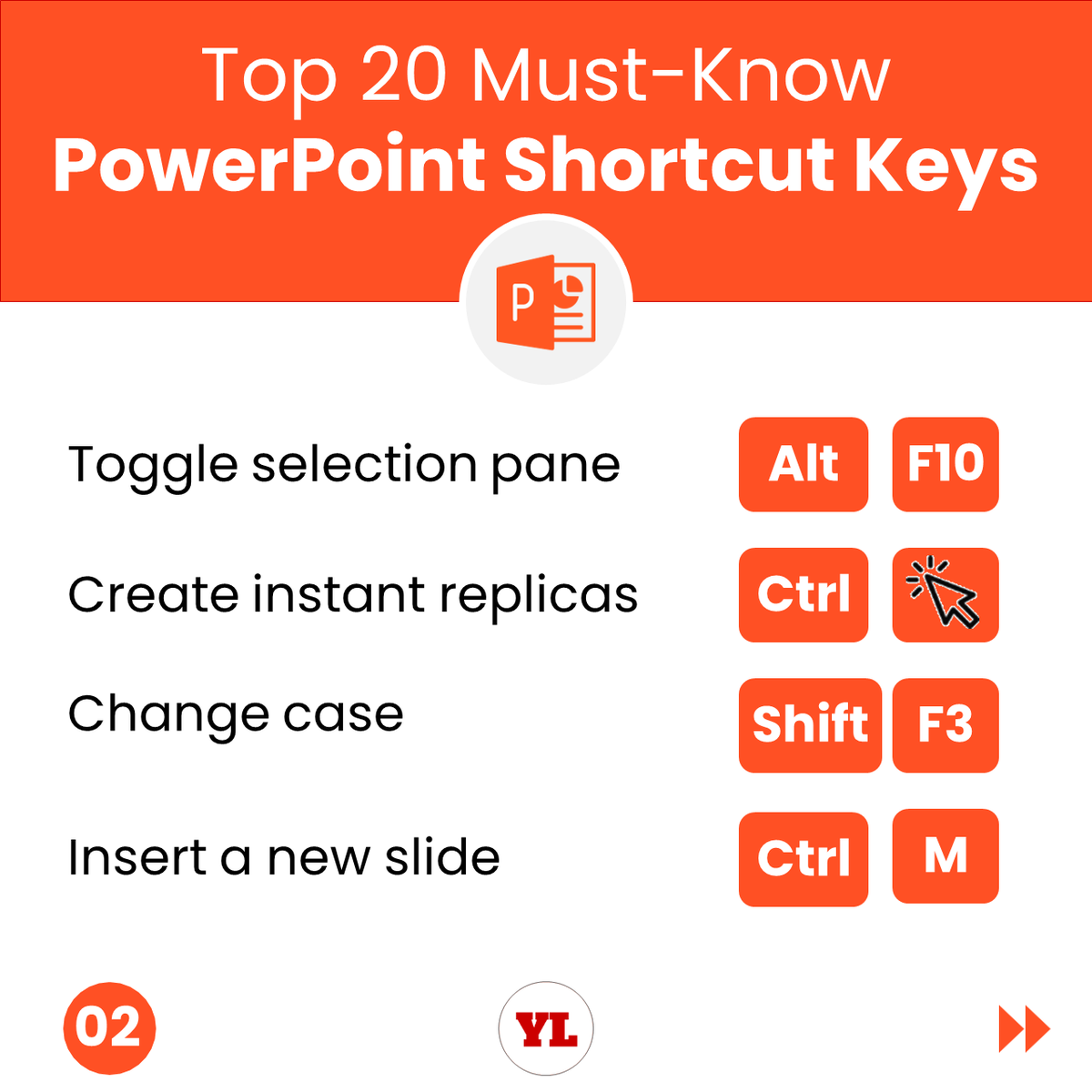 YodaLearning's tweet photo. Many users find that using a keyboard with keyboard shortcuts for #Presentation helps them work more #efficiently and #quickly
So, here are Top 20 Must-Know MS-PowerPoint Keyboard Shortcut keys
Part (1/2)
@theRishPugalia
#PowerPoint || #YodaLearning || #PowerPointPresentation https://t.co/jEYLByyoks