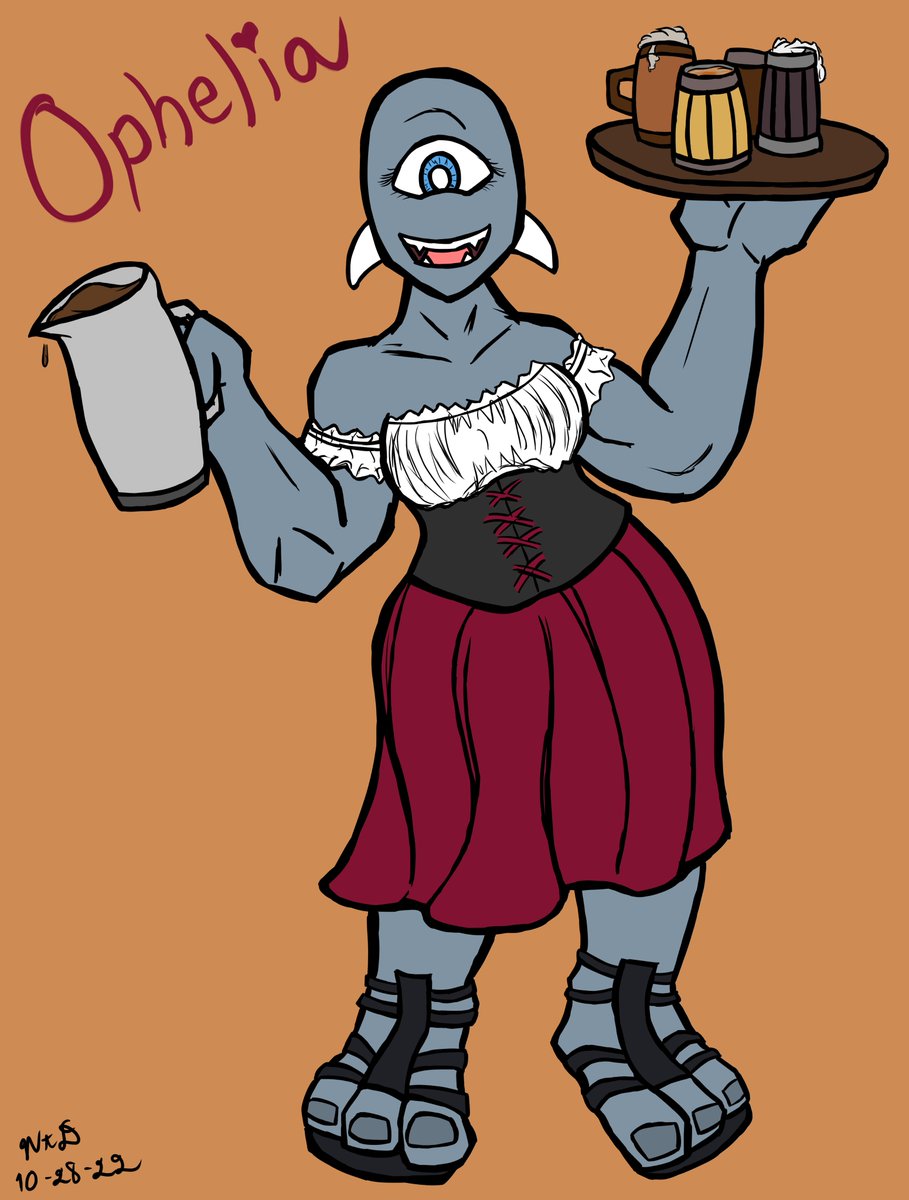 NPC for a Pathfinder game I'm running for some of my friends; Ophelia the Cyclops barmaid.  She's 9 feet (2.74 meters) of powerful, gentle sweetheart.