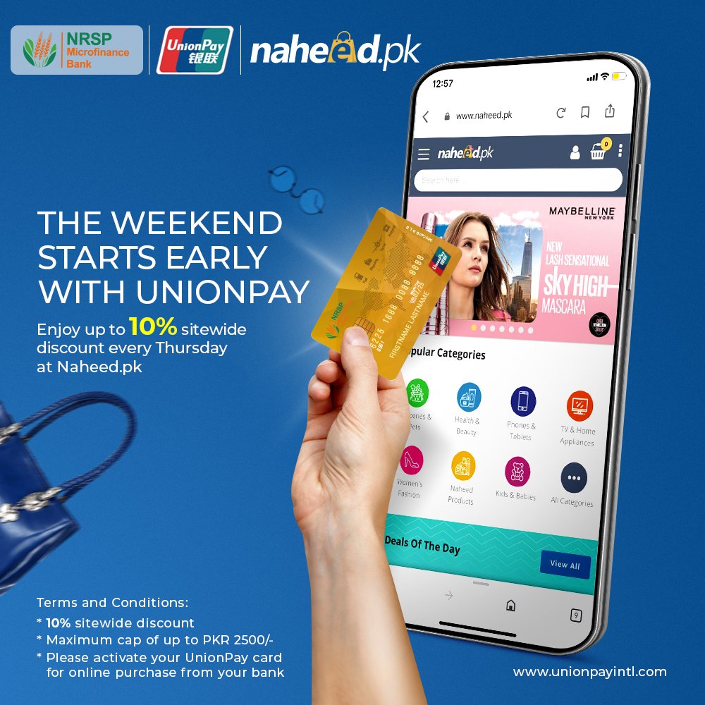 NRSPMFBL's tweet photo. Enjoy 10% discount on online purchases through https://t.co/aS3dk47M7D by using NRSP Bank's UnionPay Card.
  
The campaign is valid till 1st December 2022.

#NRPSMFBL #UnionPay #Naheed #Discount https://t.co/E92c3WlFAY