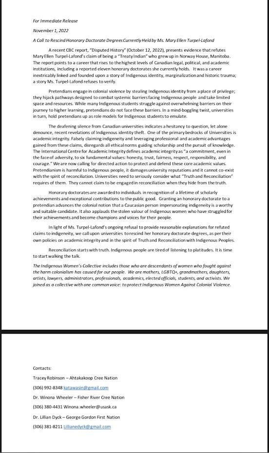 Statement from Indigenous Women's Collective, November 1, 2022