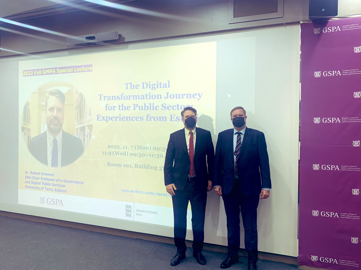 MartiMatas7's tweet image. Pleasure to welcome Prof. Robert Krimmer @robertkrimmer in #Seoul 🇰🇷lecturing at @SNUnow on #digital transformation. Hoping for long-lasting cooperation between 🇪🇪 @unitartu and 🇰🇷 @SNUnow. #estoniainkorea