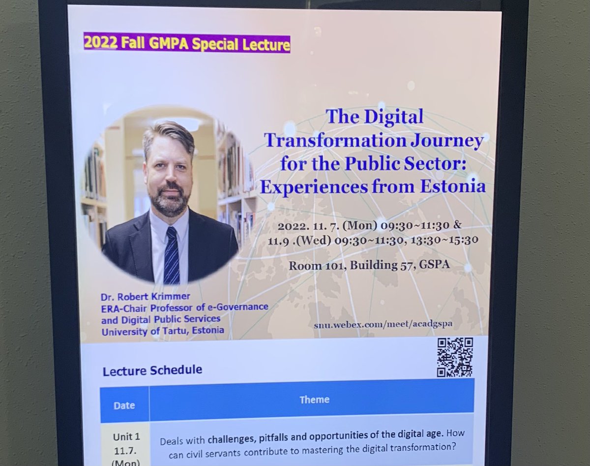MartiMatas7's tweet image. Pleasure to welcome Prof. Robert Krimmer @robertkrimmer in #Seoul 🇰🇷lecturing at @SNUnow on #digital transformation. Hoping for long-lasting cooperation between 🇪🇪 @unitartu and 🇰🇷 @SNUnow. #estoniainkorea