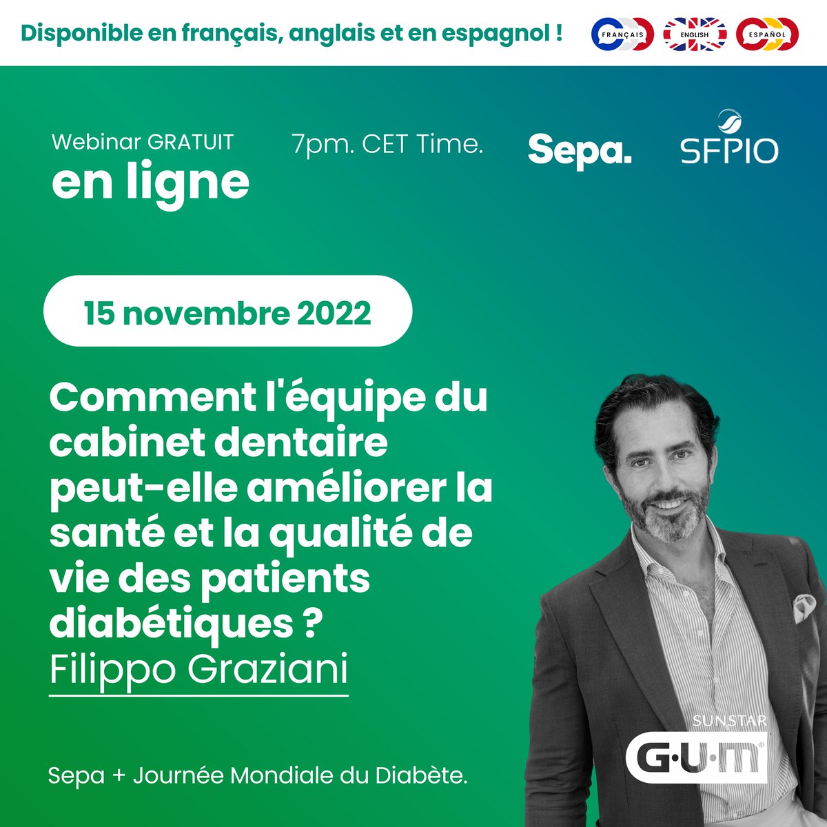 SNationale's tweet photo. Bonne nouvelle ! Notre webinar co-organisé avec la SEPA & Sunstar à l'occasion de la Journée Mondiale du Diabète sera également disponible en français !
Pour vous inscrire : c'est par ici ! --> https://t.co/y2X2gmGE4i...
#SFPIO #Webinar https://t.co/oVgsC78hKv