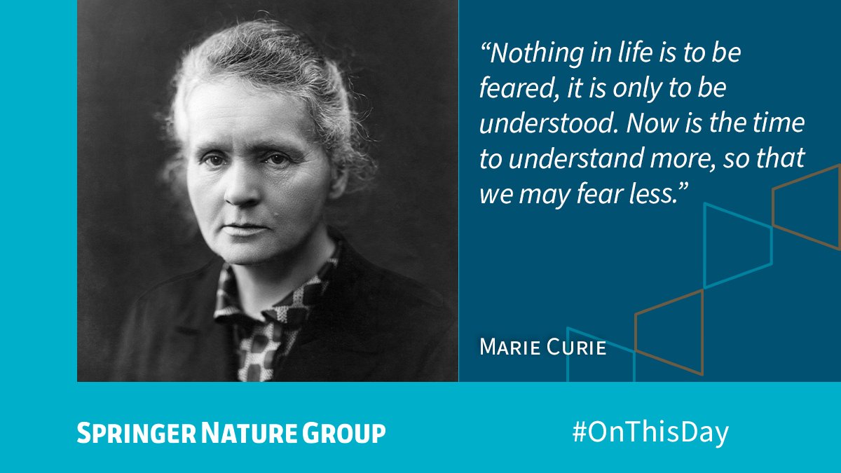 SpringerNature's tweet photo. Marie Curie, born #OTD in 1867, was a physicist, famous for her work on radioactivity and twice a winner of the Nobel Prize. She shared the 1903 Nobel Prize for Physics and was the sole winner of the 1911 Nobel Prize for Chemistry. https://t.co/NN8NTysiwn