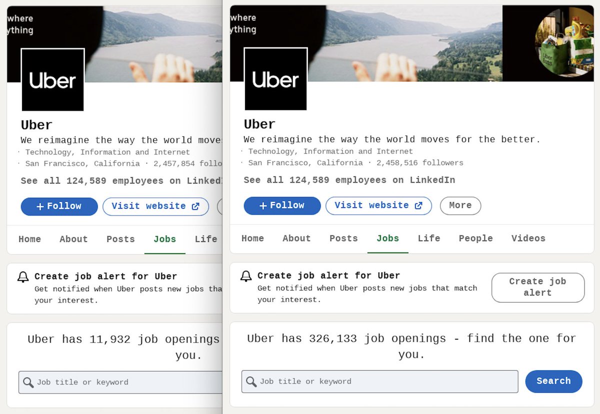 jaypinho's tweet photo. Um, what's happening over at @Uber?

L: Job postings as of Friday.

R: Job postings as of Saturday. https://t.co/8JMwMSbVtK