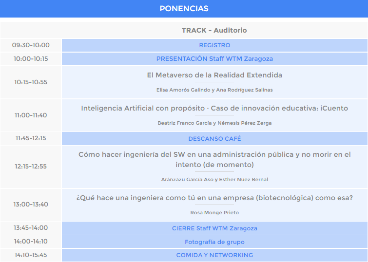 ¿Os gusta nuestra agenda del #WTMZ22? 😍😍😍😍 Metaverso, IA, Biotech, web, emprendimiento, infraestructura y herramientas. Todo esto vamos a aprender el 12 de noviembre en <a href="/WTMZaragoza/">WTM Zaragoza</a> junto con: <a href="/anarsalinas/">A N A</a> <a href="/aranchagarc/">Arancha Garcia</a> <a href="/nemezerga/">Neme Zerga</a> <a href="/RoisinMinea/">Rosa Monge</a> <a href="/95_beafranco/">bea franco</a>