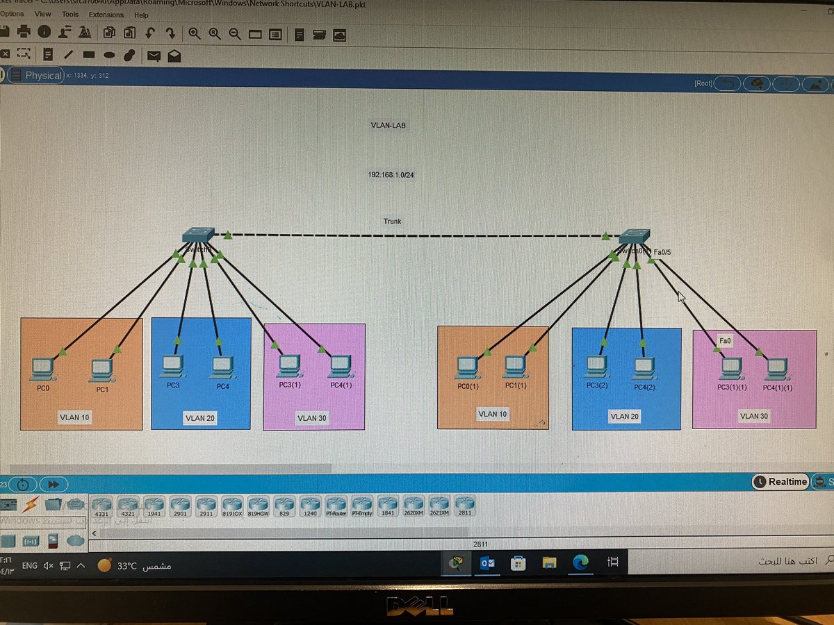 Packettracer4's tweet image. حل واجب انشاء شبكة متكامله من شبكتين وتقسيمها لااكثر من VLAN والتأكد من اعداداتها